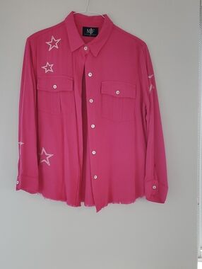 Pink Star-Embroidered Button-Up Blouse